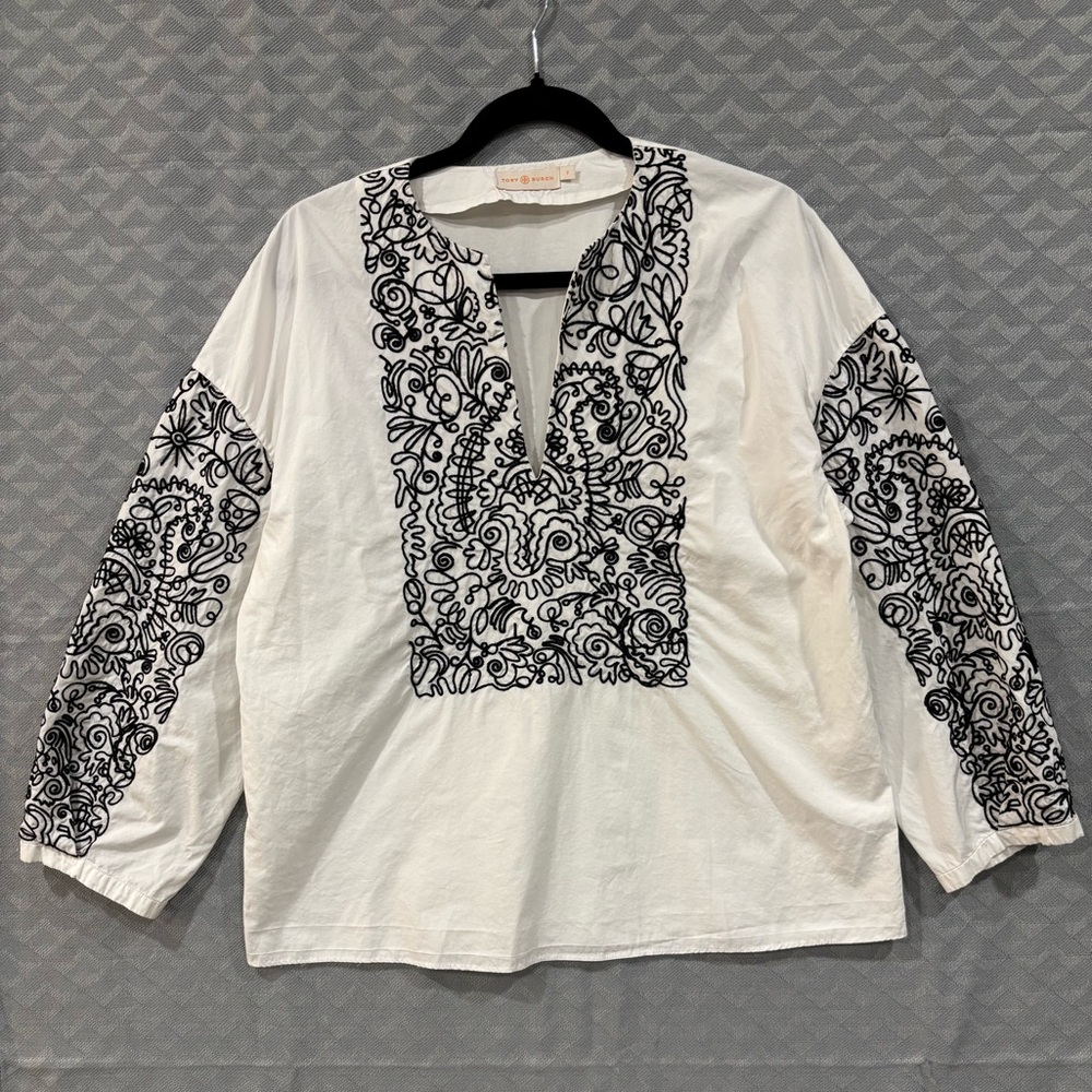 Tory Burch Cotton White Black Embroidered Poplin Tunic BOHO